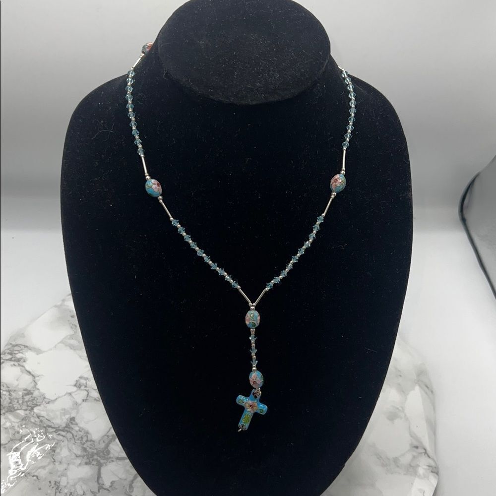 CLOISONNÉ Light Blue Beaded Cross Necklace
